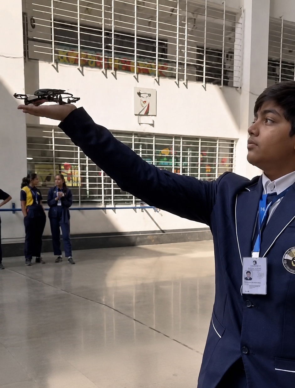 Student presenting a mini aerial drone during an Edusmart STEM and robotics session