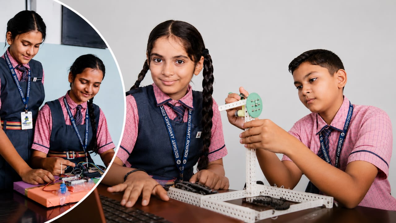 Students assembling robotics mechanisms and electronic circuits in an Edusmart Robotics Lab